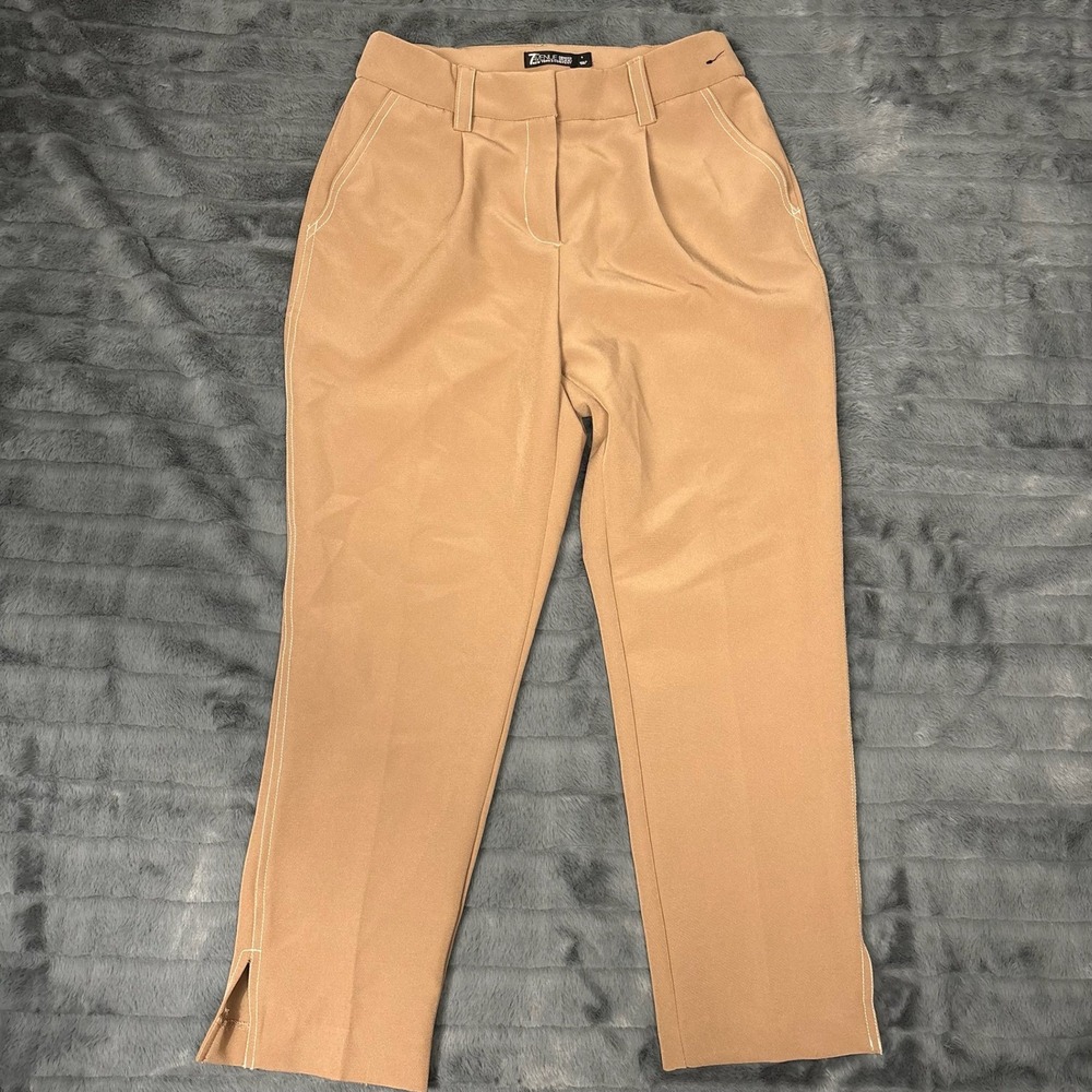 New York & Company 7th Avenue Camel Tan Contrast Stitch Pleated Dress Pants 8